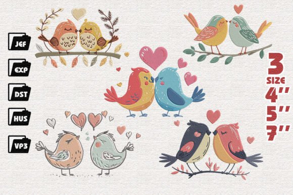 Set of 5 Couple Love Birds Embroidery